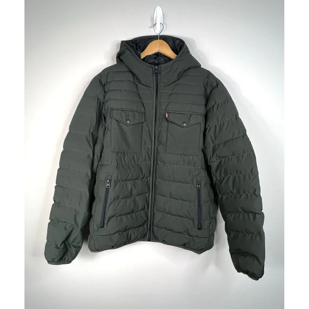 NWOT Levi's Men's Hooded 2 Chest Pocket Puffer Jacket Olive Mens Sz L Outdoor